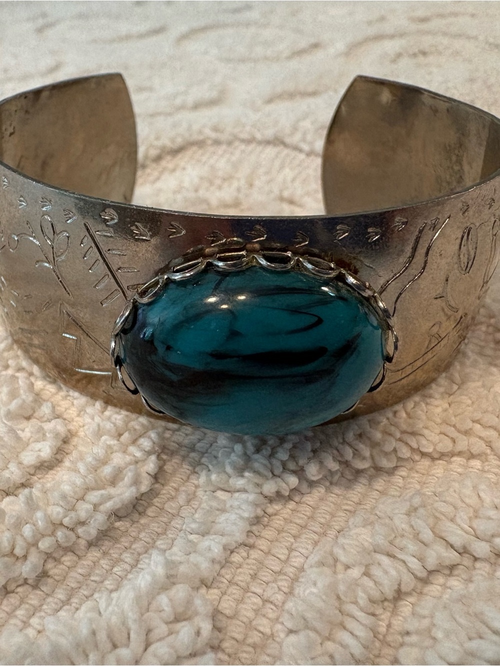Silver Tone Cuff Bracelet with Teal Stone